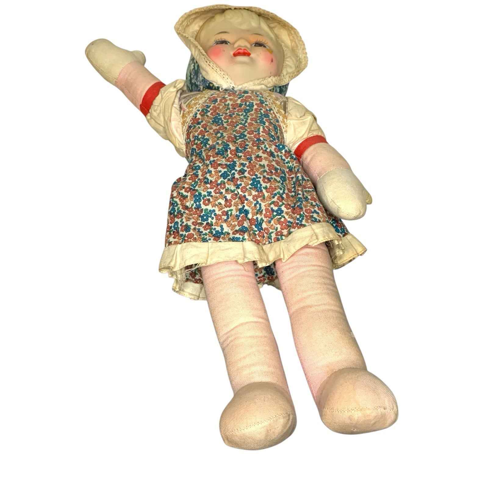 Vintage 1950s Rubber Face Rag Doll Cloth Toy Waving Arm Mid Century