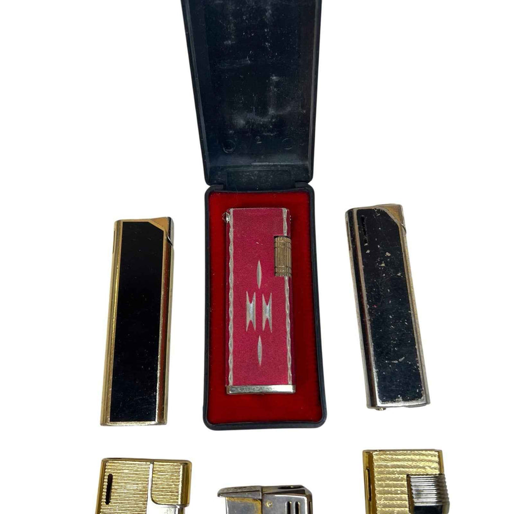 Bundle of 6 Vintage Kingsway Lighters – Gold Tone, Black, Red Ribbed – Flames