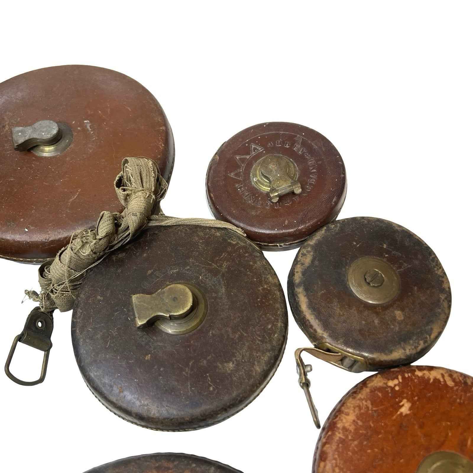 Vintage Leather Tape Measures Job Lot Treble Rabone Abbey Brass Old Tools