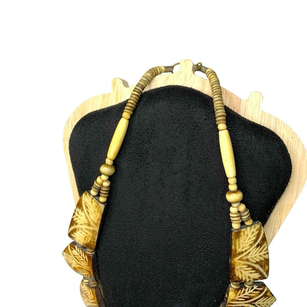Vintage Boho Statement Necklace Hand Carved Bovine Bone Leaf Beads Ethnic Style