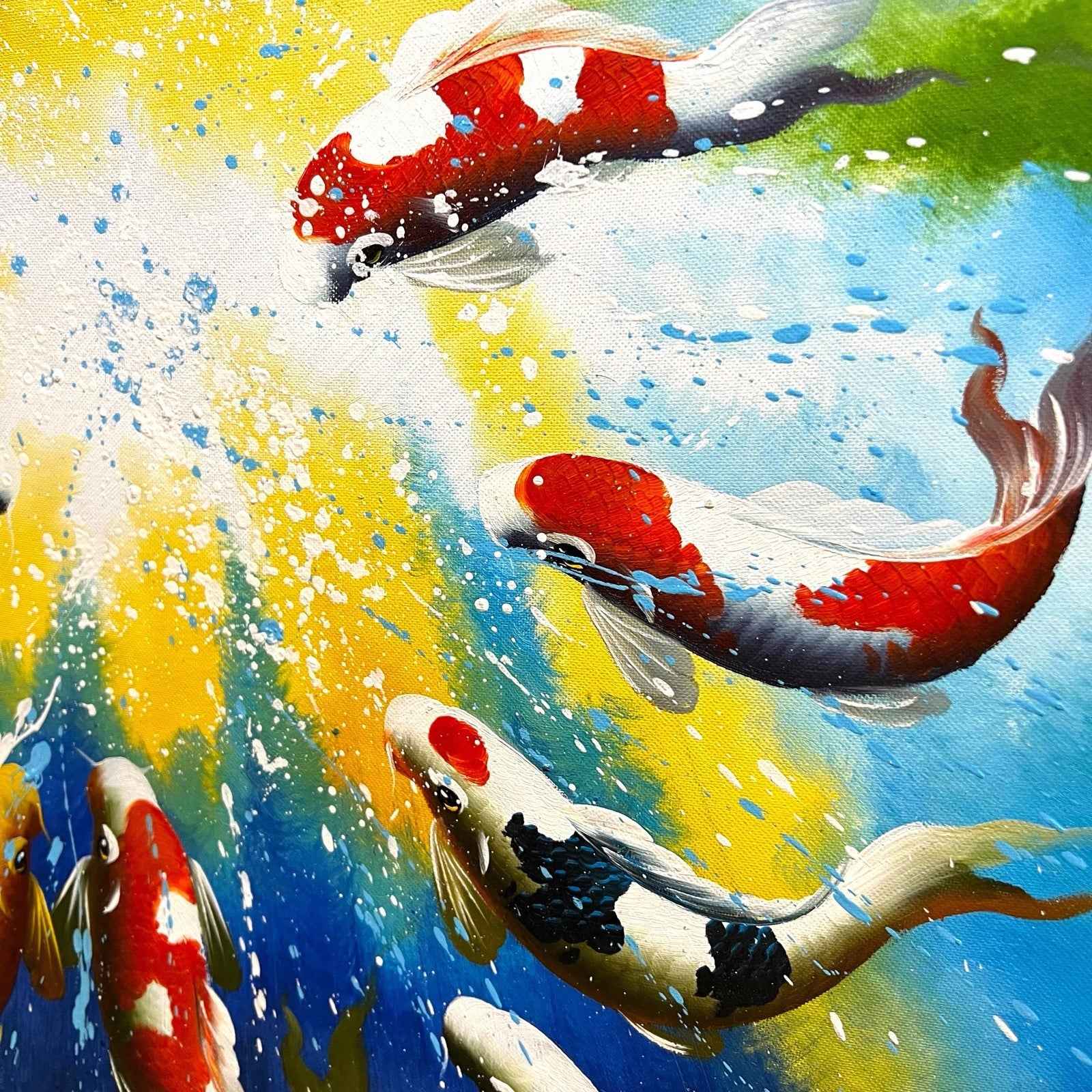 Large Original Vibrant Koi Fish Painting Signed Feng Shui Symbolism For Luck
