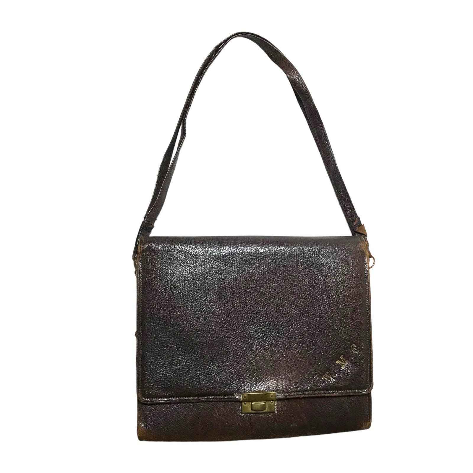 Vintage 1950s Brown Leather Shoulder Bag Brass Frame Purse Compartment