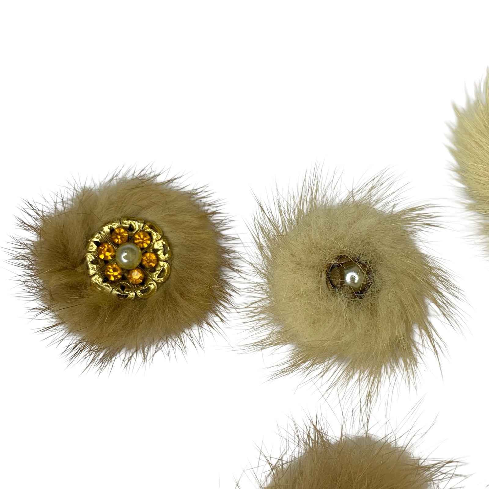 Vintage 5x Round Mink Fur Brooches - Rhinestone Detail Various Colours