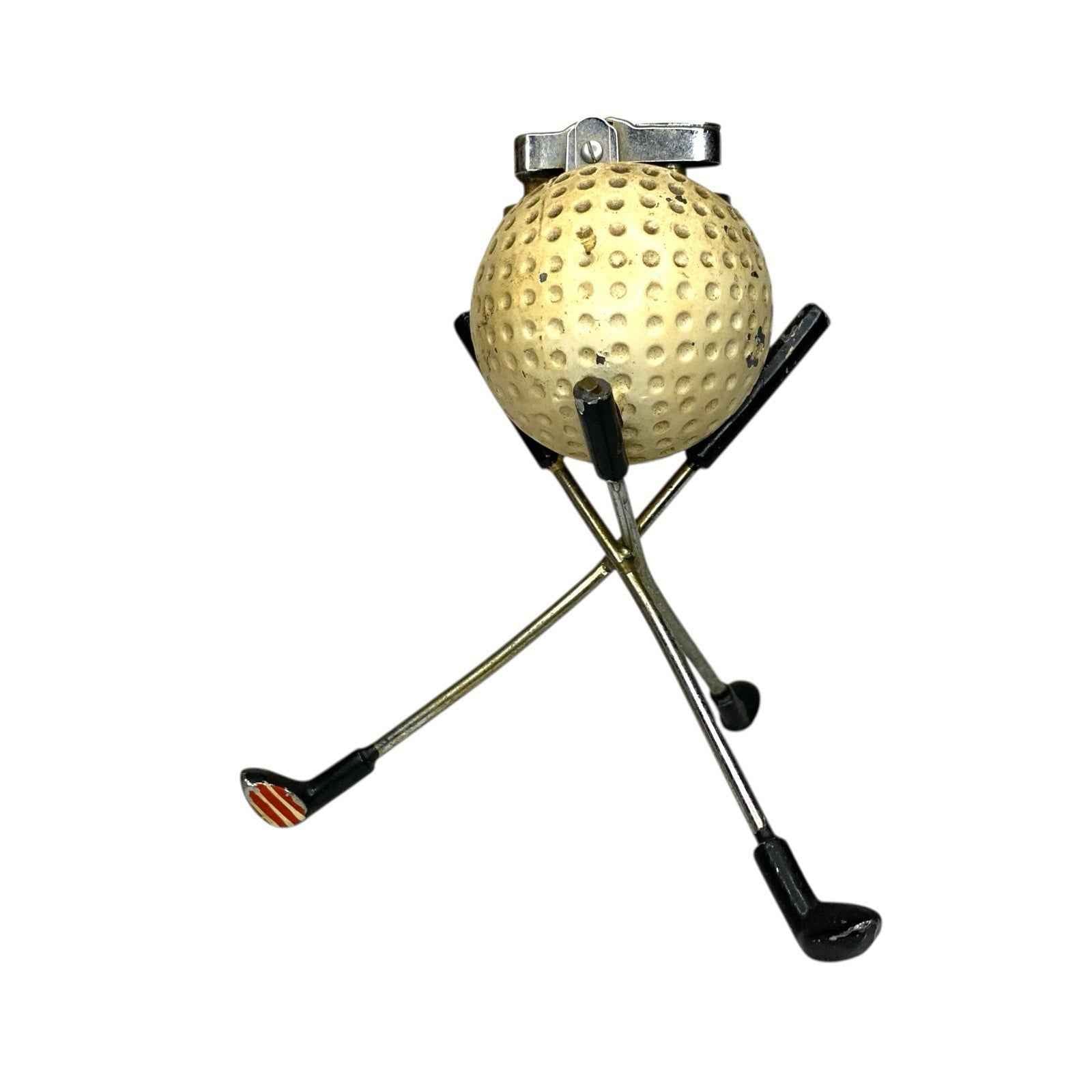 Vintage Golf Theme Table Lighter Cast Metal Golf Ball with Clubs Rare 1960s