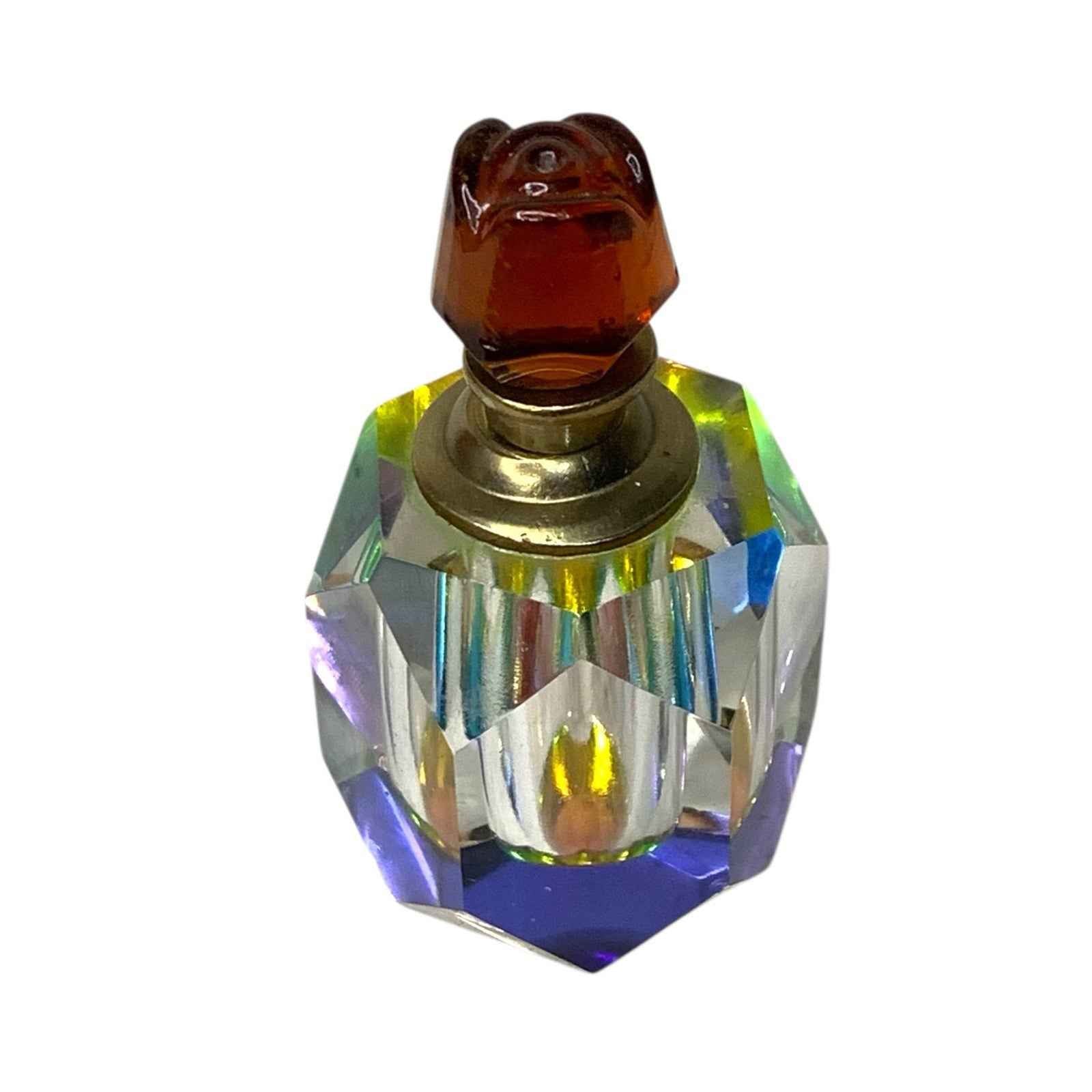 Vintage Crystal Prism Perfume Bottle Rainbow Iridescent Colour Rose Stopper 1980