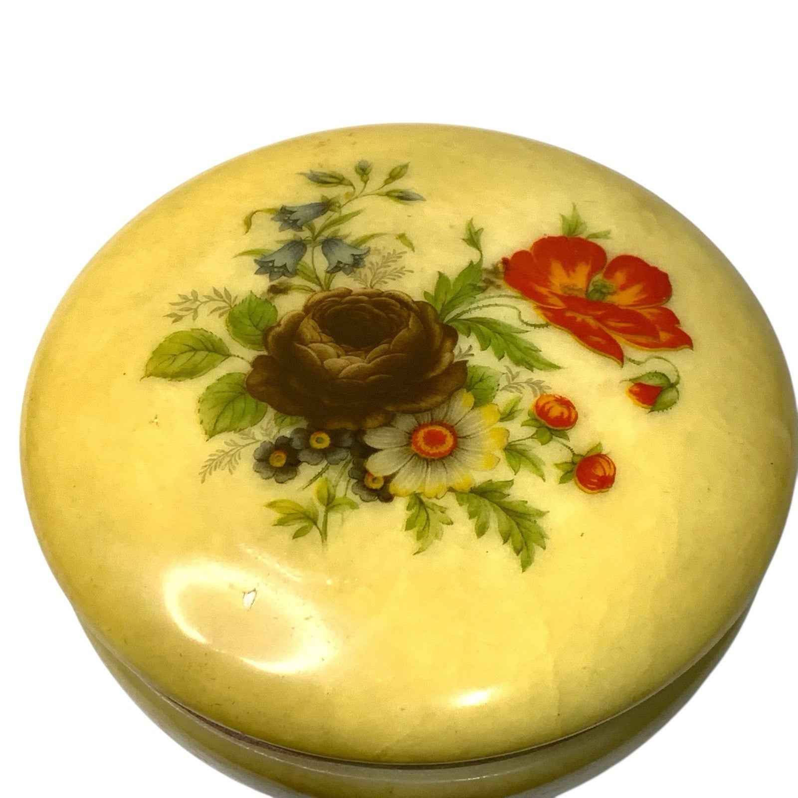 Vintage Alabaster Powder Trinket Soap Box Powder Puff Floral Design Italy 1950s