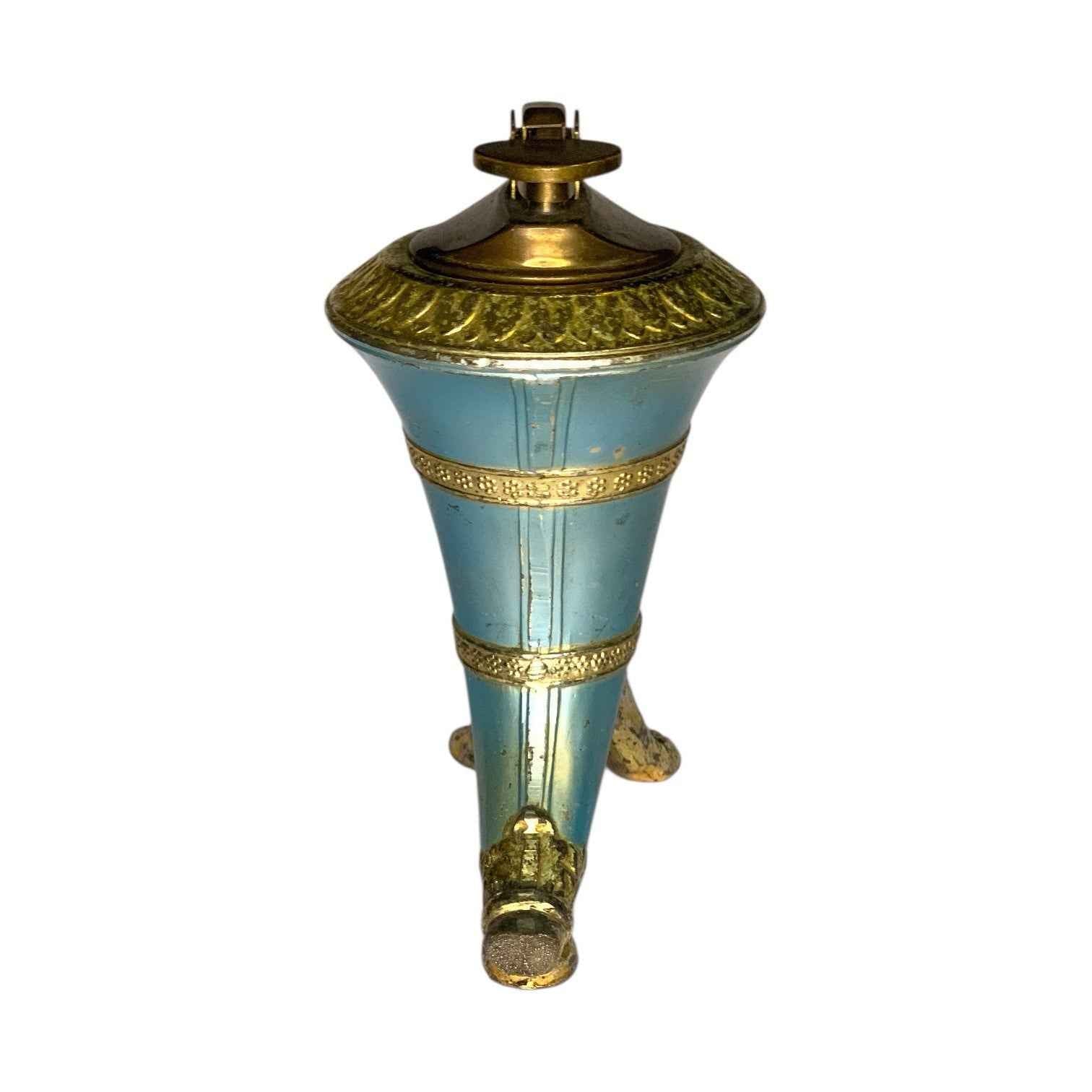 Rare Vintage Japanese Brass Lion Table Lighter Turquoise & Gold Mid Century