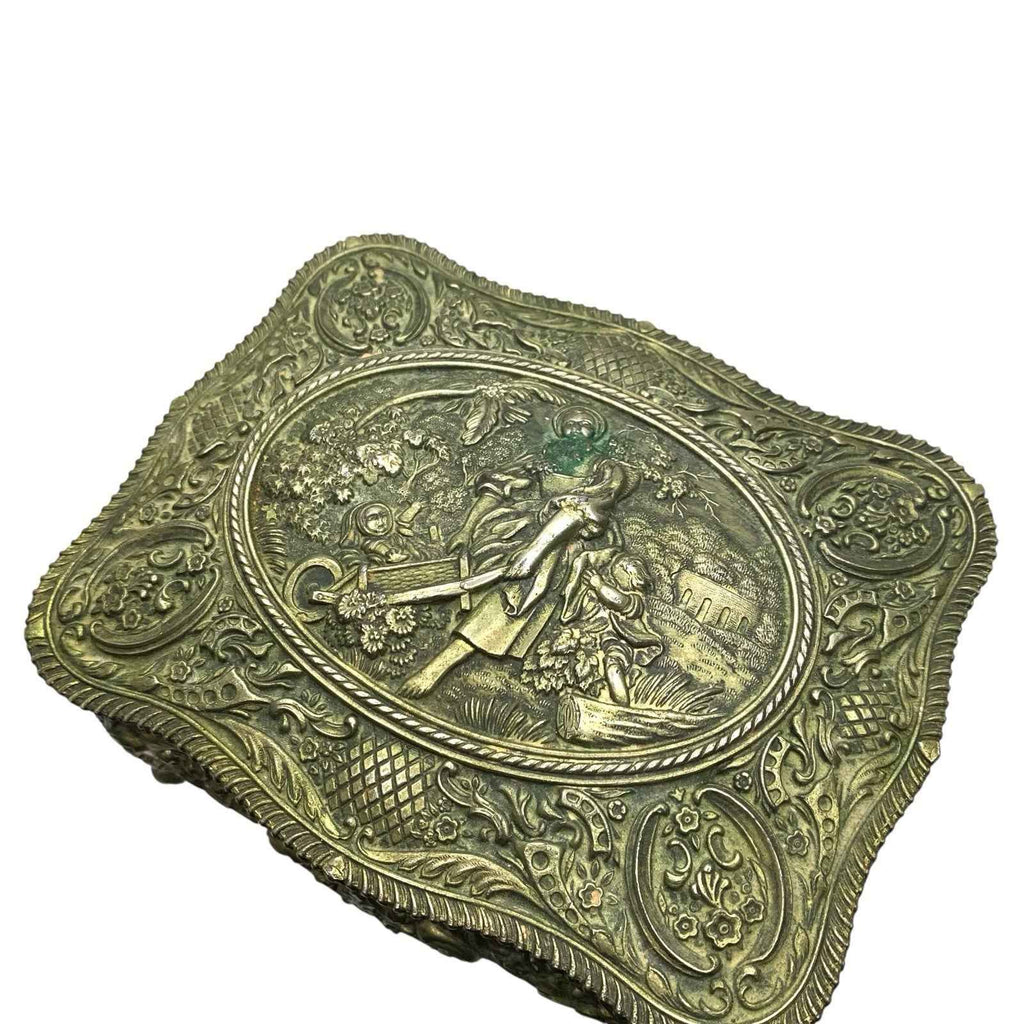 Vintage Ornate Trinket Jewellery Box Red Lining Woman with Wheelbarrow Scene