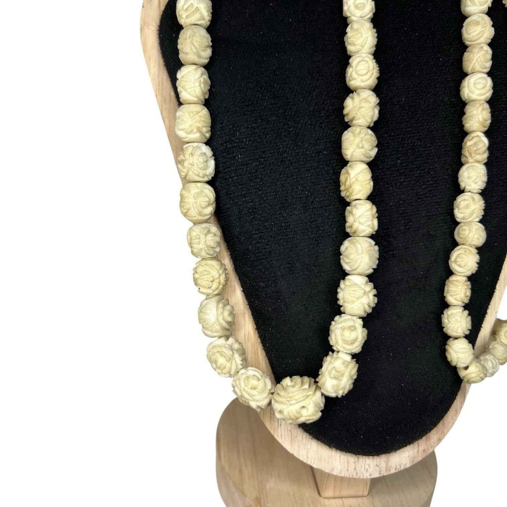Vintage Floral Carved Bovine Bone Necklace Long Flower Bead Ethnic