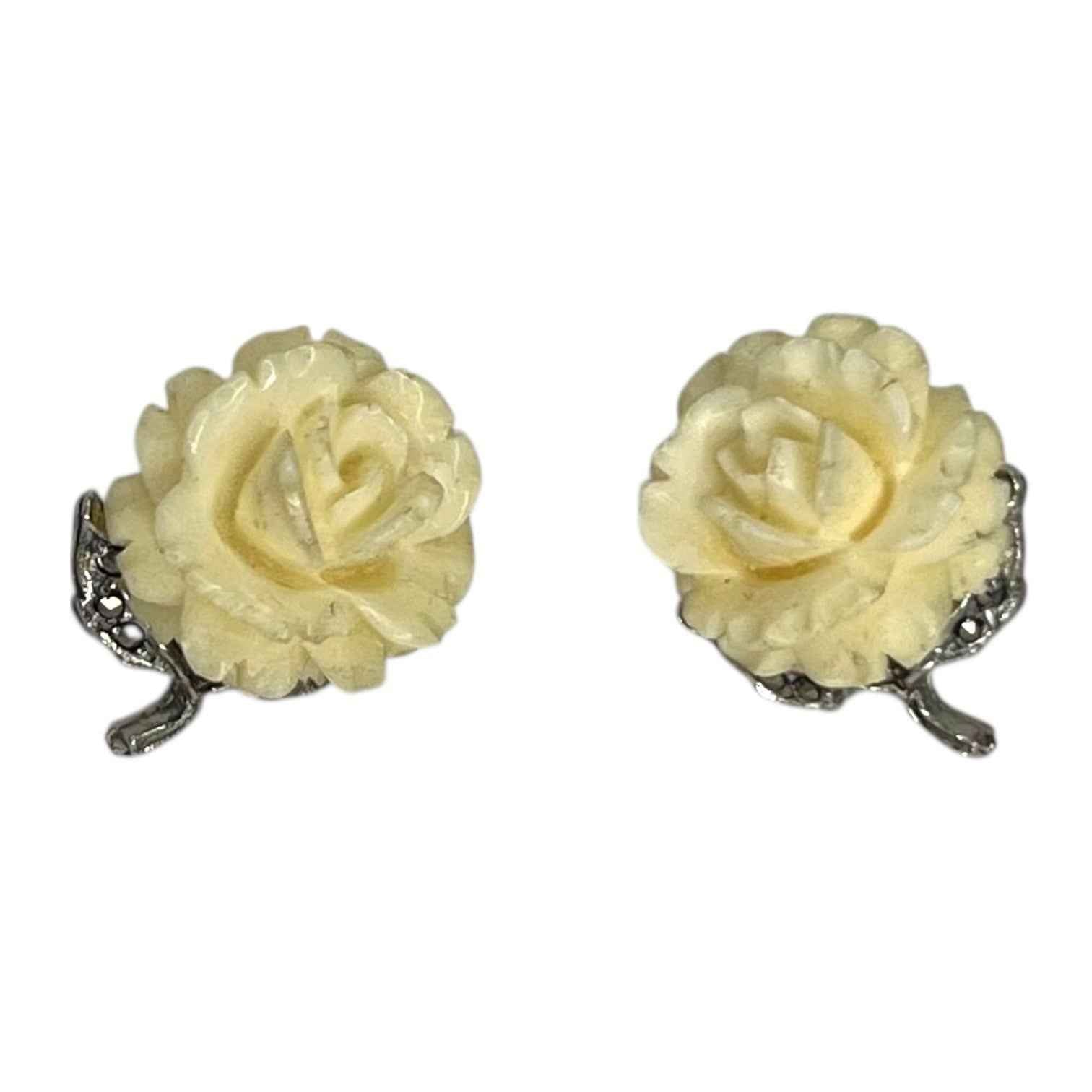 Pair of Vintage Sterling Silver & Marcasite Carved Off White Flower Earrings
