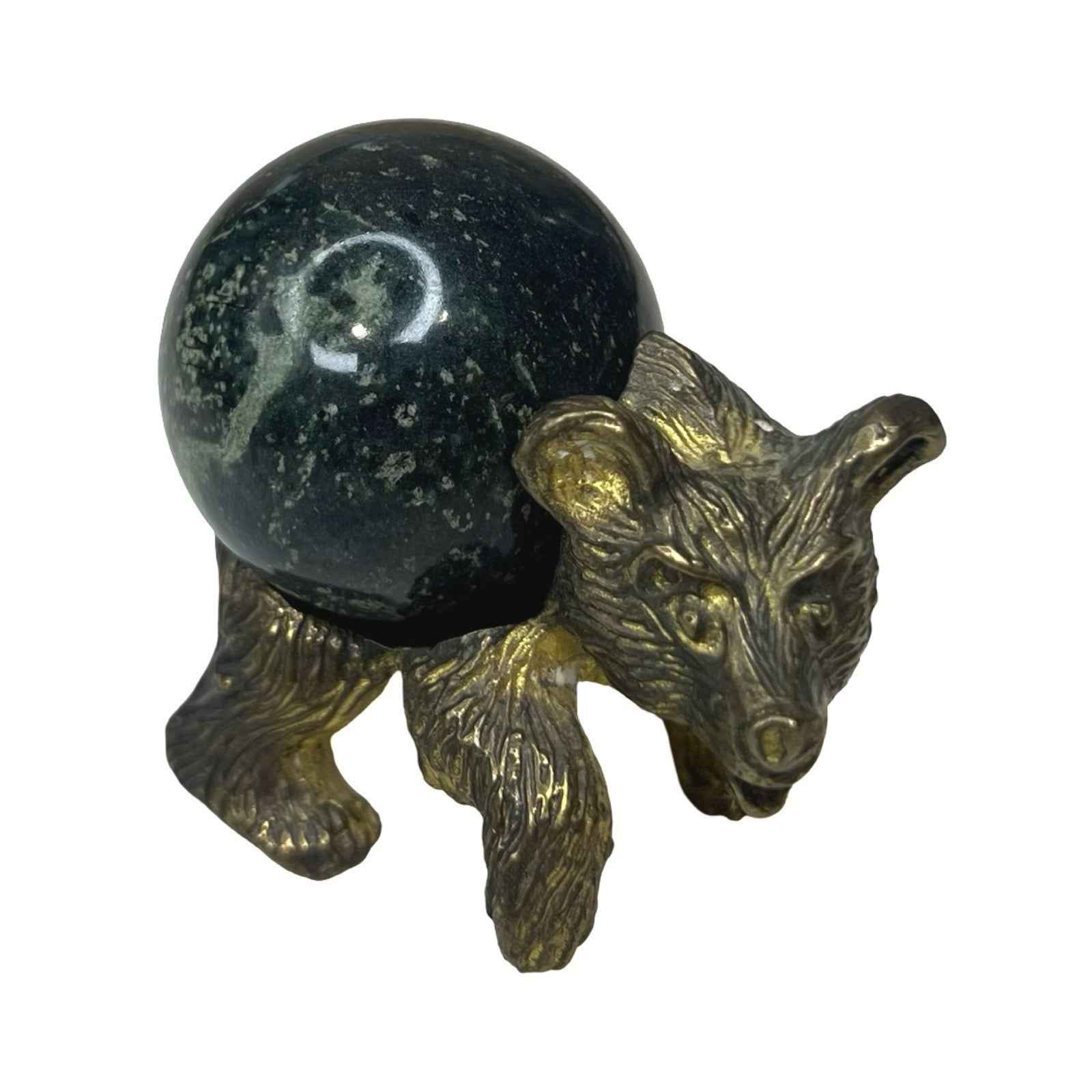 Pair Brass Bear Figurines Green Stone Bodies Vintage Decorative Ornaments