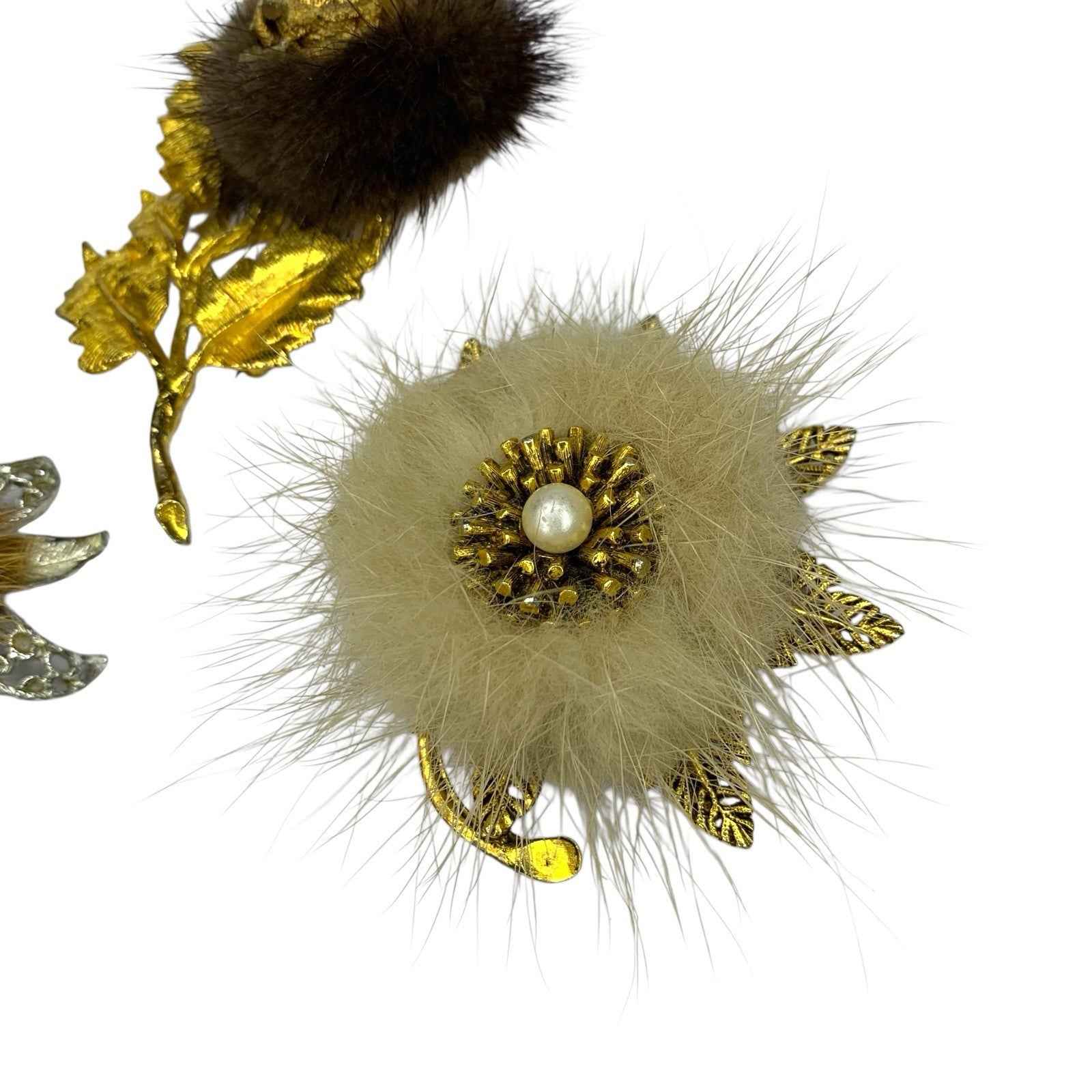 Vintage 3x Mink Fur Brooches Silver Gold Tone with Pearl Starburst Flower Set