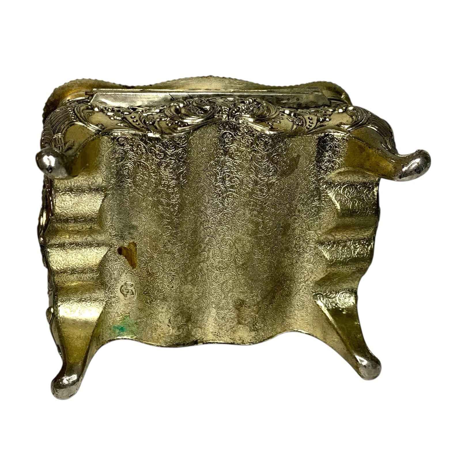 Vintage Ornate Trinket Jewellery Box Red Lining Woman with Wheelbarrow Scene