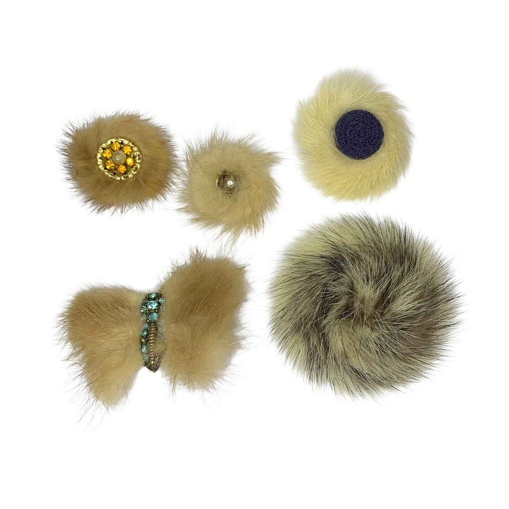 Vintage 5x Round Mink Fur Brooches - Rhinestone Detail Various Colours