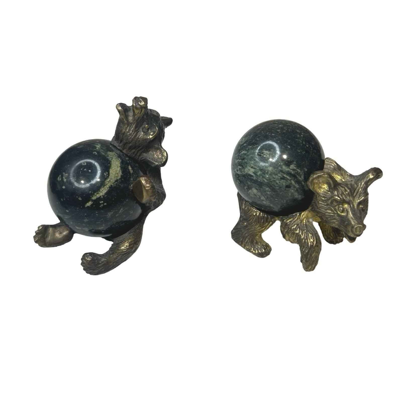 Pair Brass Bear Figurines Green Stone Bodies Vintage Decorative Ornaments