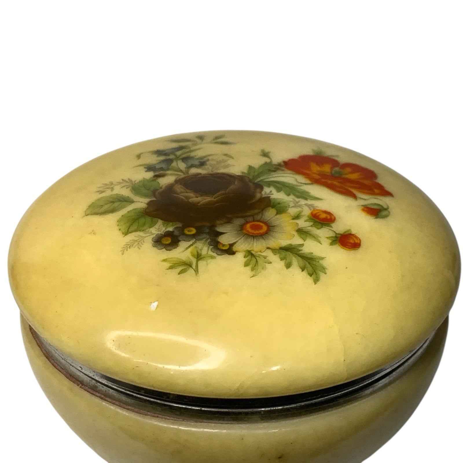 Vintage Alabaster Powder Trinket Soap Box Powder Puff Floral Design Italy 1950s