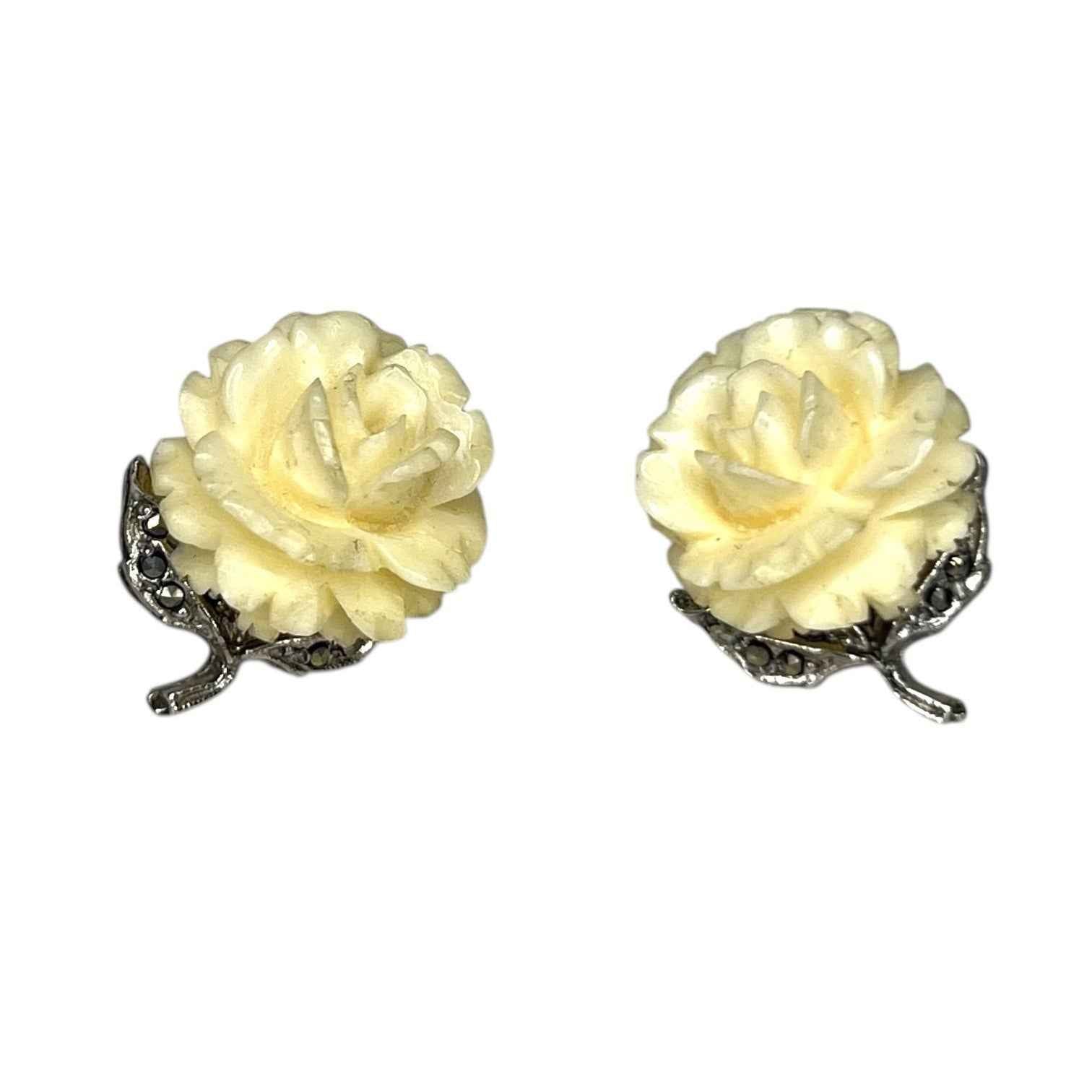 Pair of Vintage Sterling Silver & Marcasite Carved Off White Flower Earrings