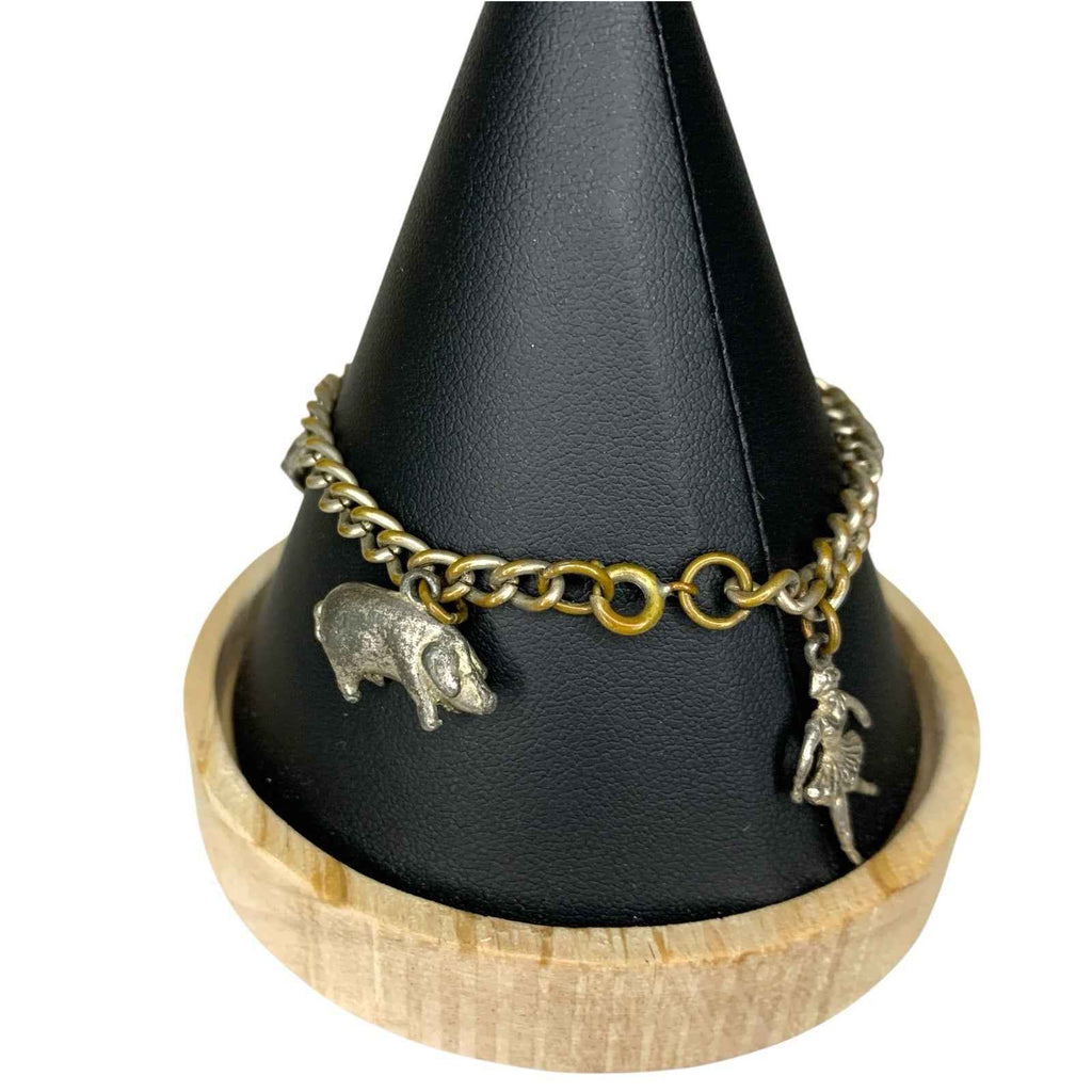Vintage Bracelet with 5 Charms - Deer, Pig, Boot, Well & Ballerina
