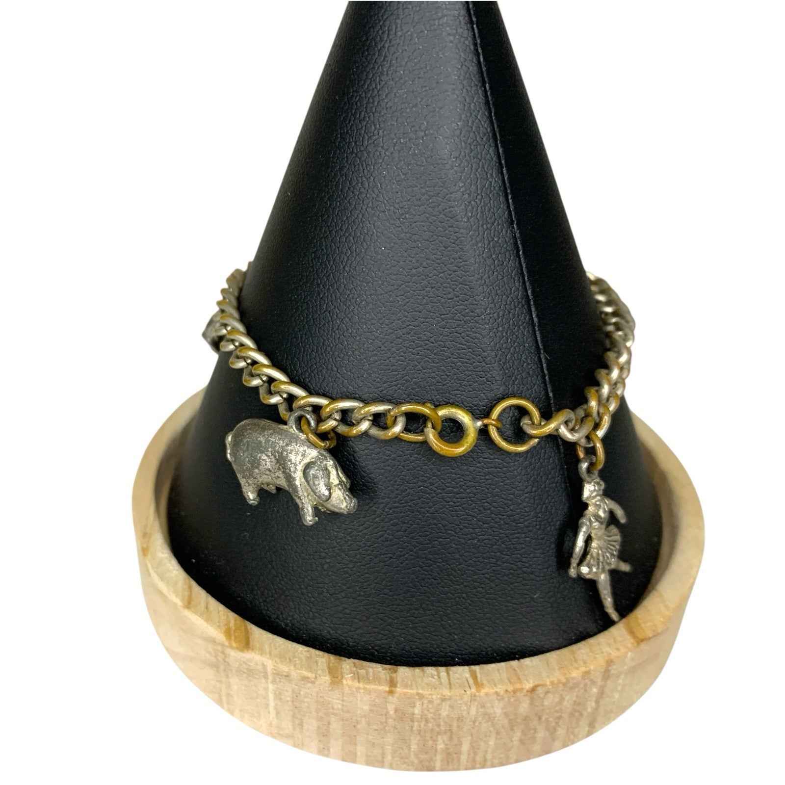 Vintage Bracelet with 5 Charms - Deer, Pig, Boot, Well & Ballerina