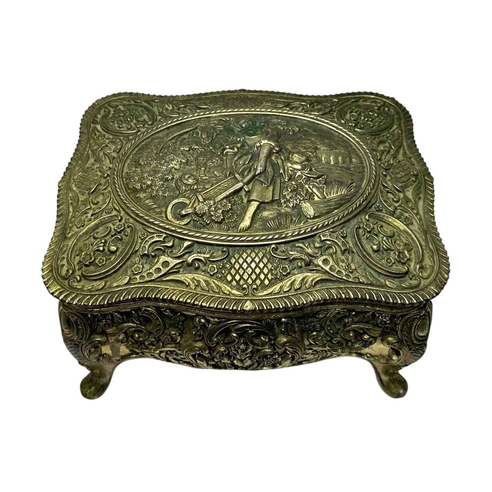 Vintage Ornate Trinket Jewellery Box Red Lining Woman with Wheelbarrow Scene