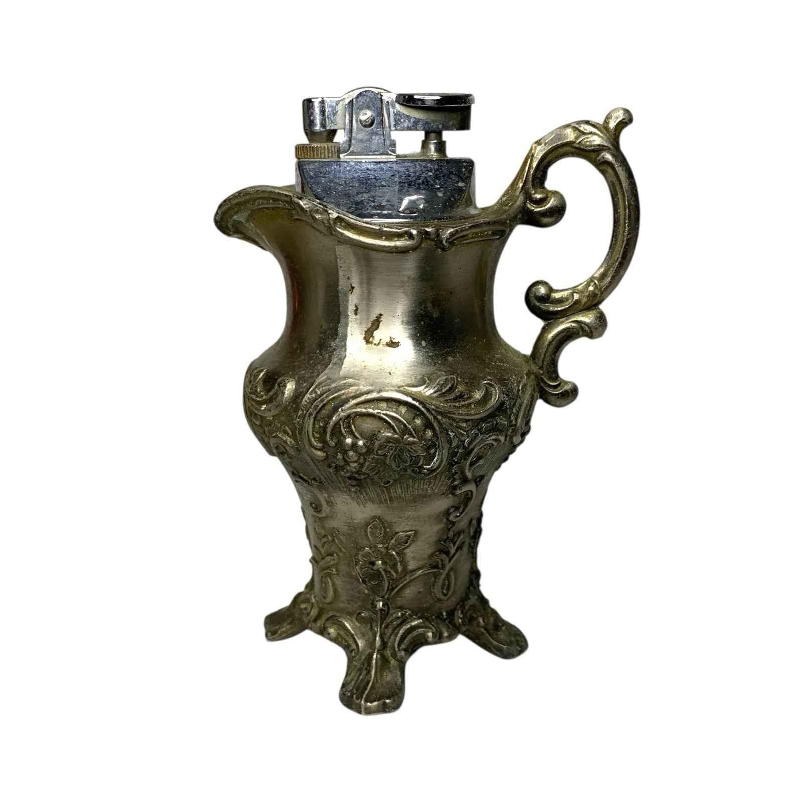 Vintage Japan Pewter Style Table Lighter Vase Pitcher Vine Detail 1960s 70