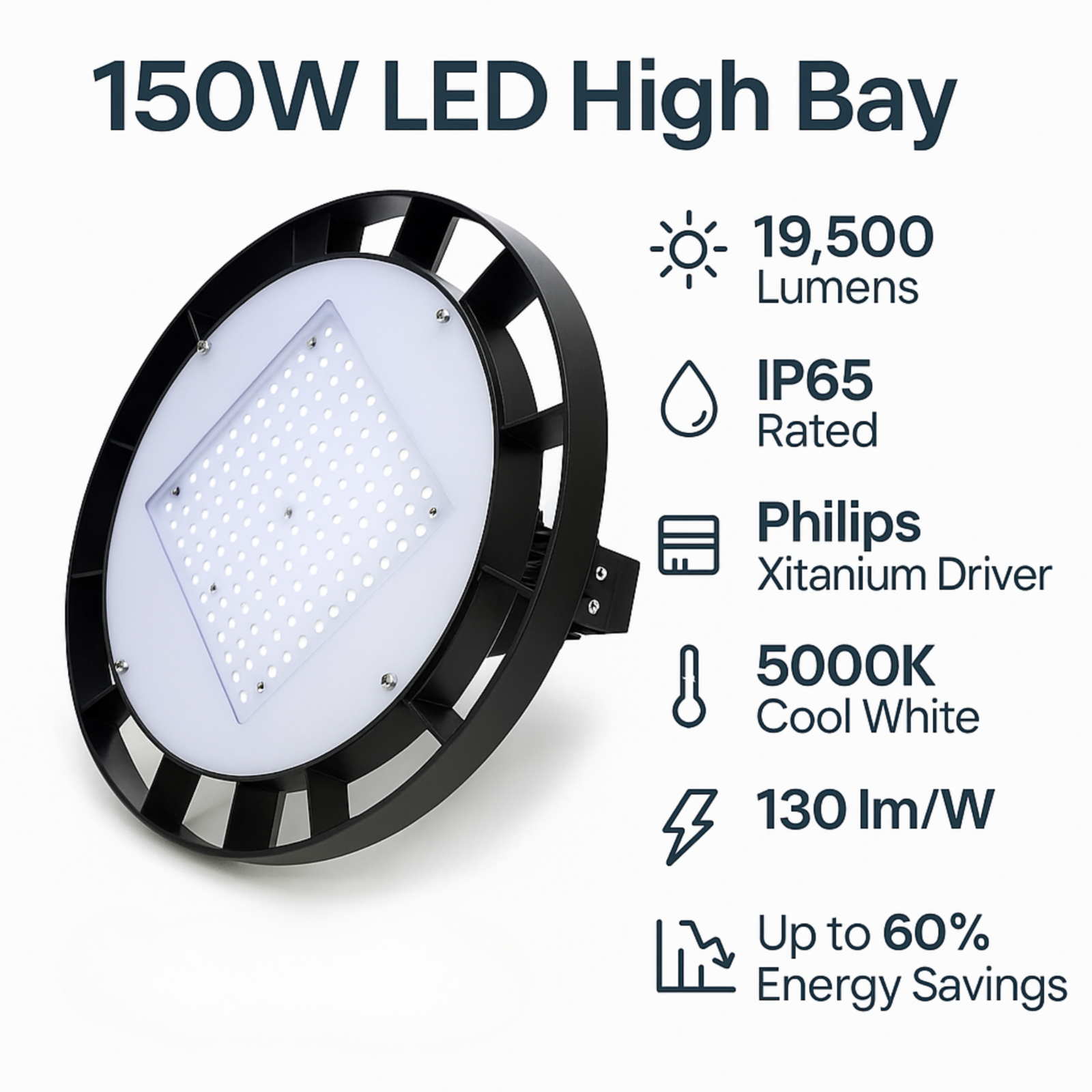 Hudson Pro 150W LED High Bay Light Warehouse IP65 Cool White Philips Driver