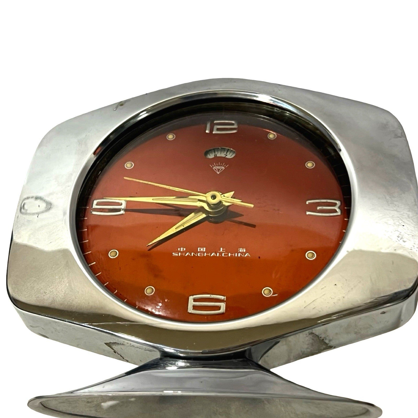 Vintage Shanghai China Alarm Clock Orange Dial Space Age Retro Wind Up Clock