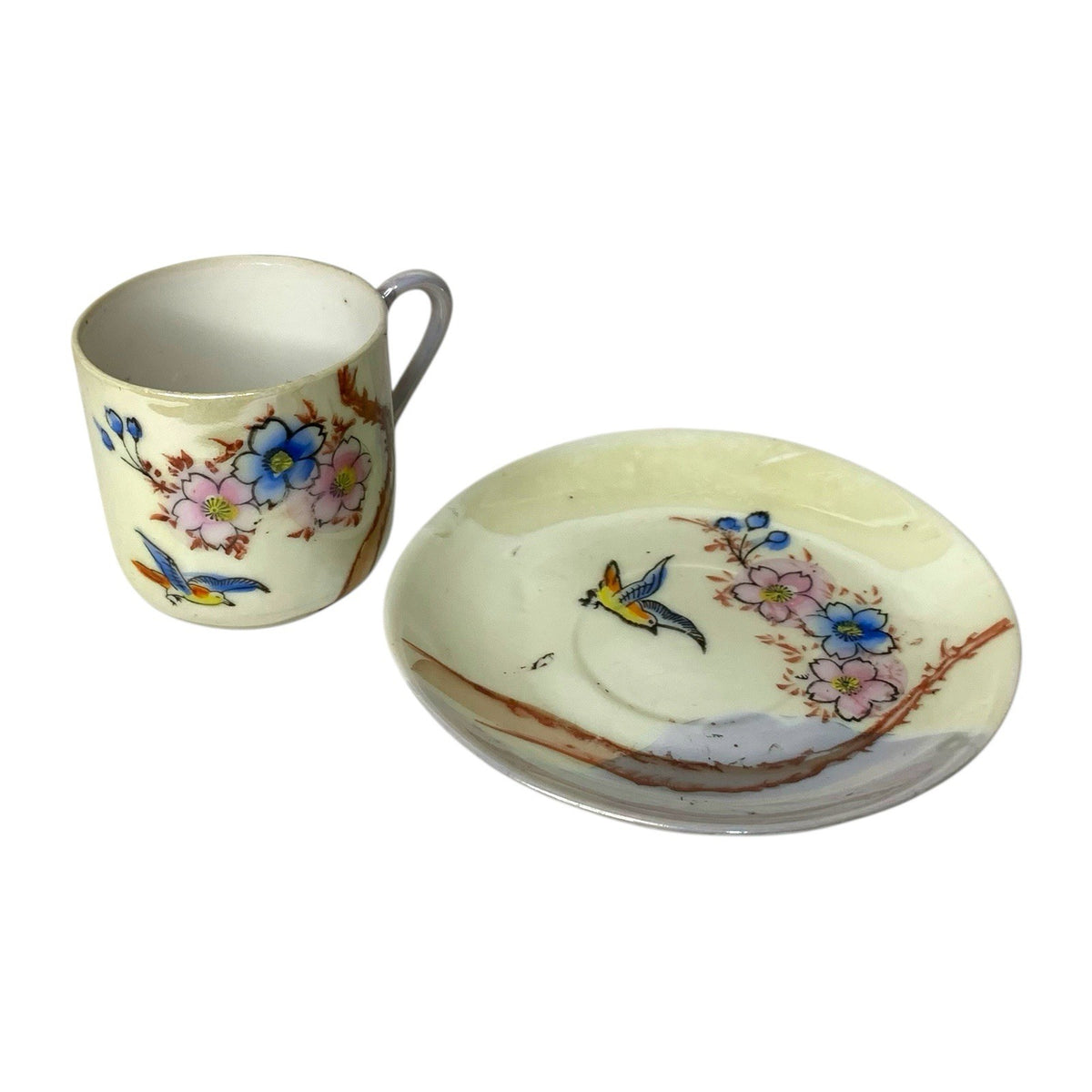 Vintage Japan Lustreware Teacup & Saucer Hand Painted Bird Floral Porcelain MCM