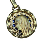 Vintage A Augis Virgin Mary Blue Enamel Gold Tone Catholic Pendant Medal