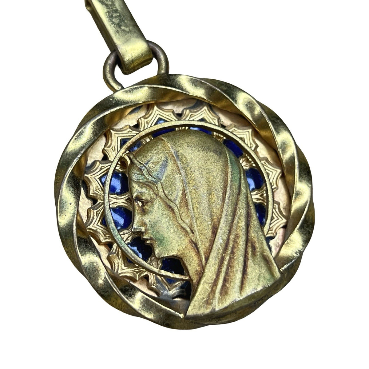 Vintage A Augis Virgin Mary Blue Enamel Gold Tone Catholic Pendant Medal