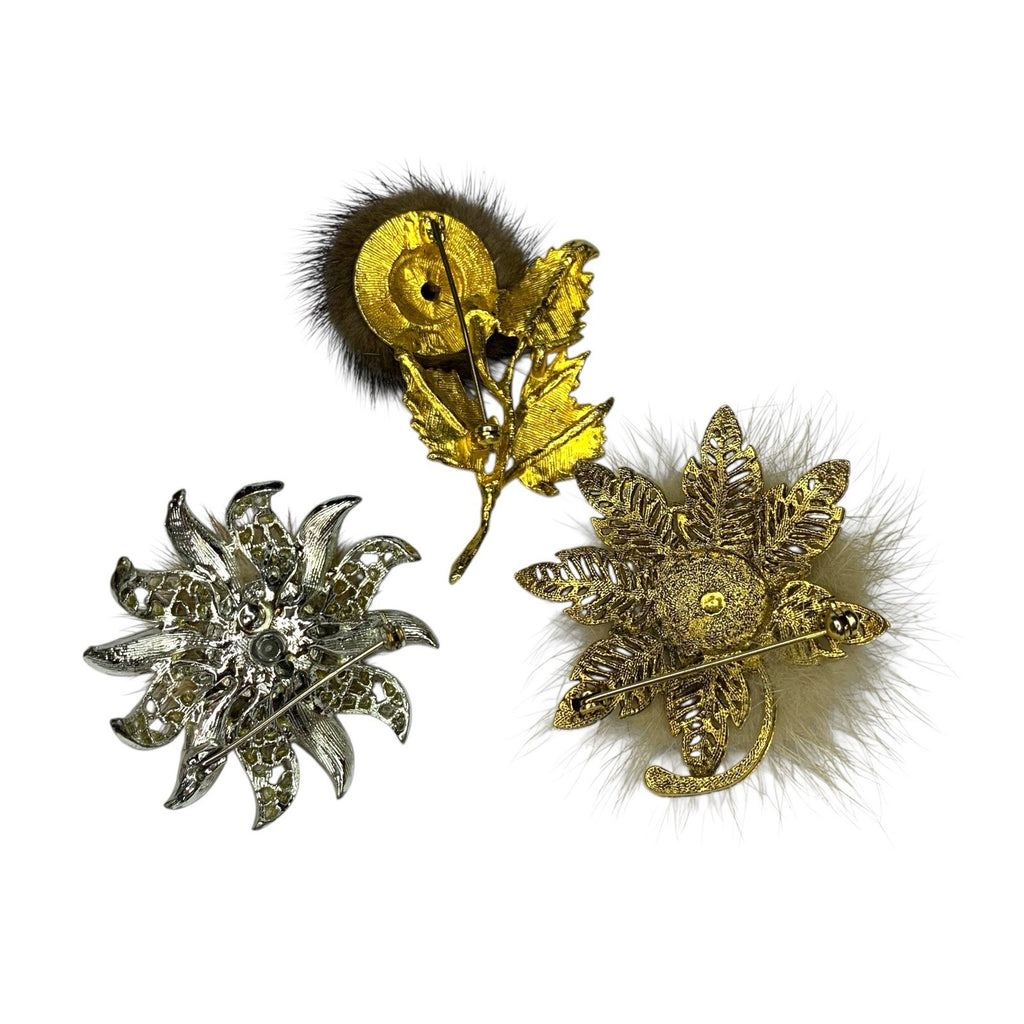 Vintage Set of 3 Mink Fur Brooches Pins Silver Gold Tone Pearl Starburst Flower