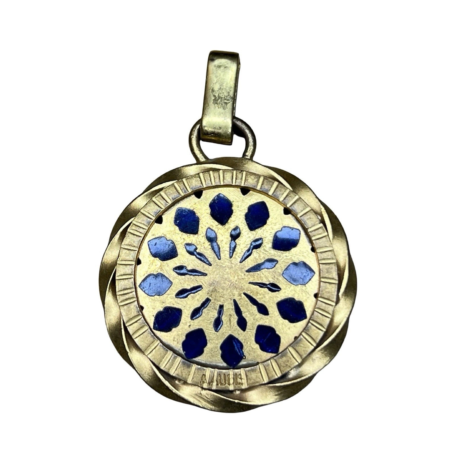 Vintage A Augis Virgin Mary Blue Enamel Gold Tone Catholic Pendant Medal