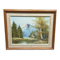 Vintage Oil Painting on Canvas Snow Mountain Trees Cabin Signed Raymond