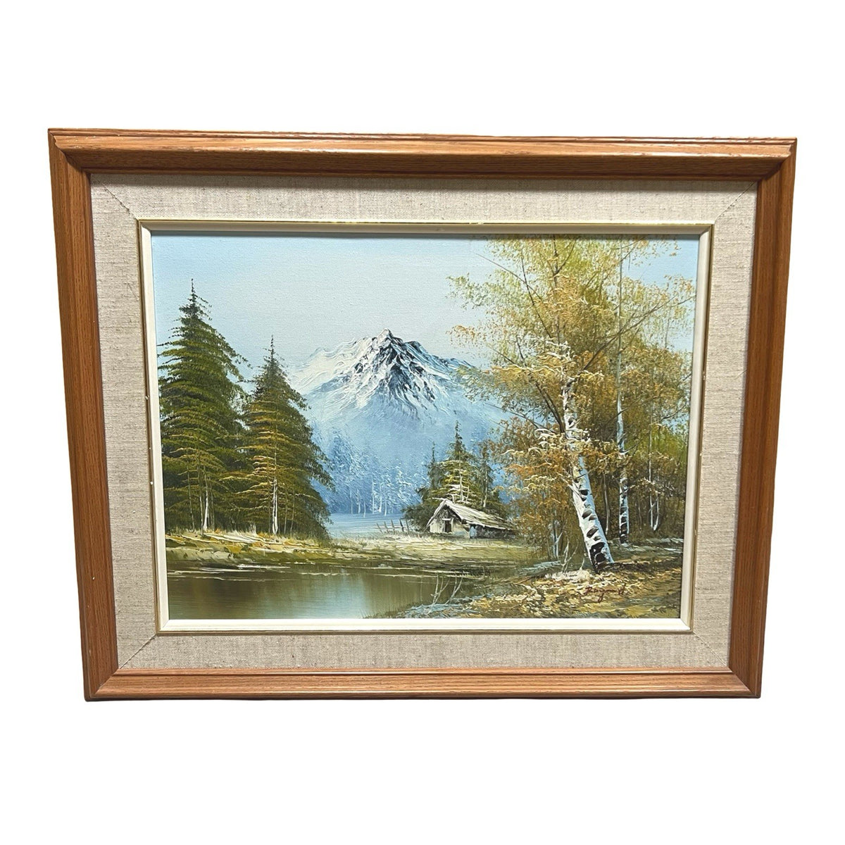 Vintage Oil Painting on Canvas Snow Mountain Trees Cabin Signed Raymond