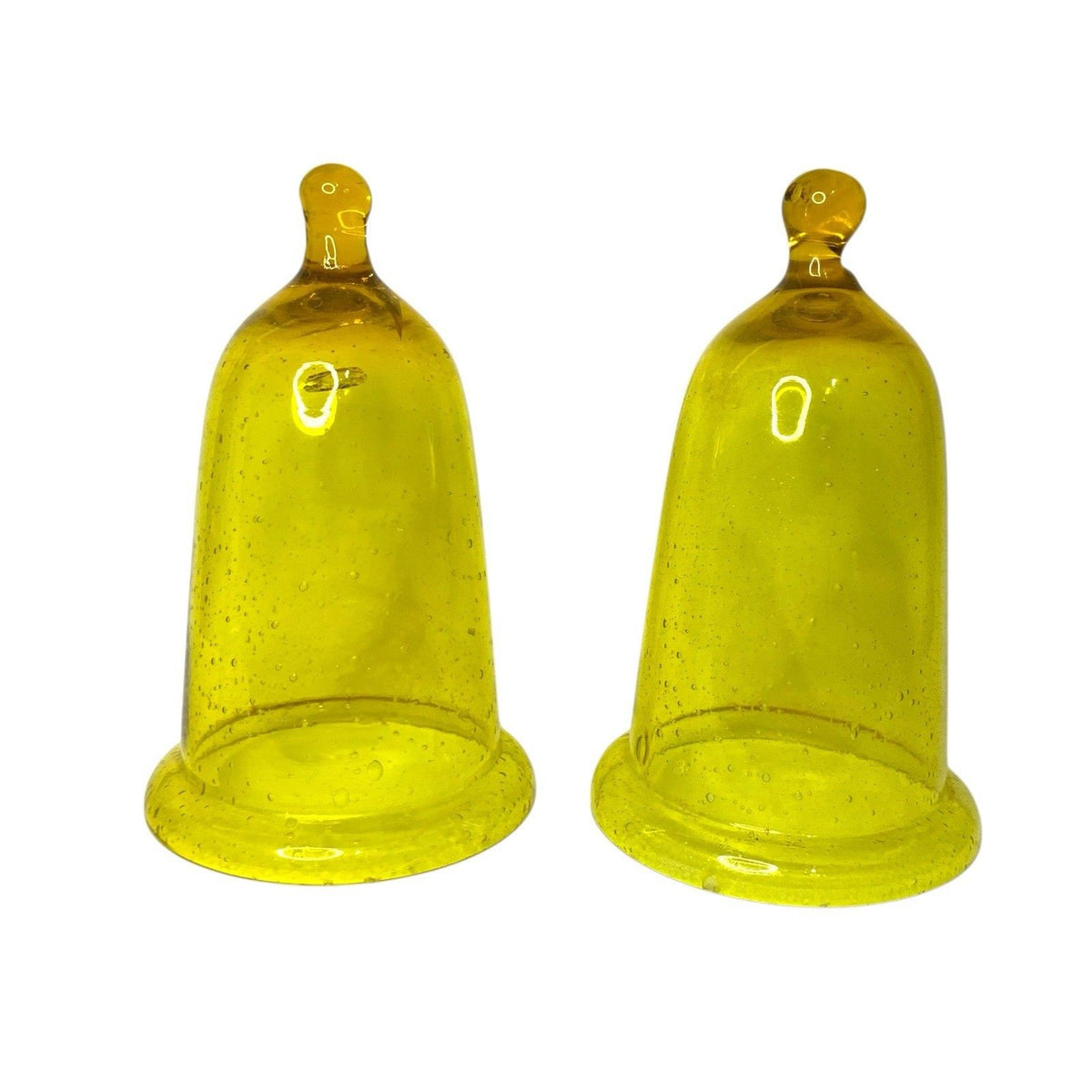 Pair Antique Cadmium Glass Bell Cloches Hand Blown UV Reactive Yellow Orange