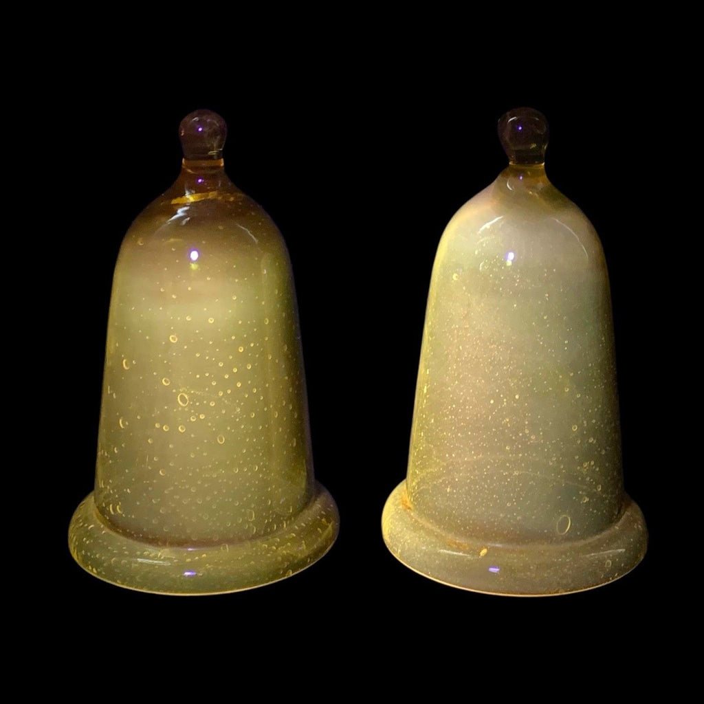 Pair Antique Cadmium Glass Bell Cloches Hand Blown UV Reactive Yellow Orange