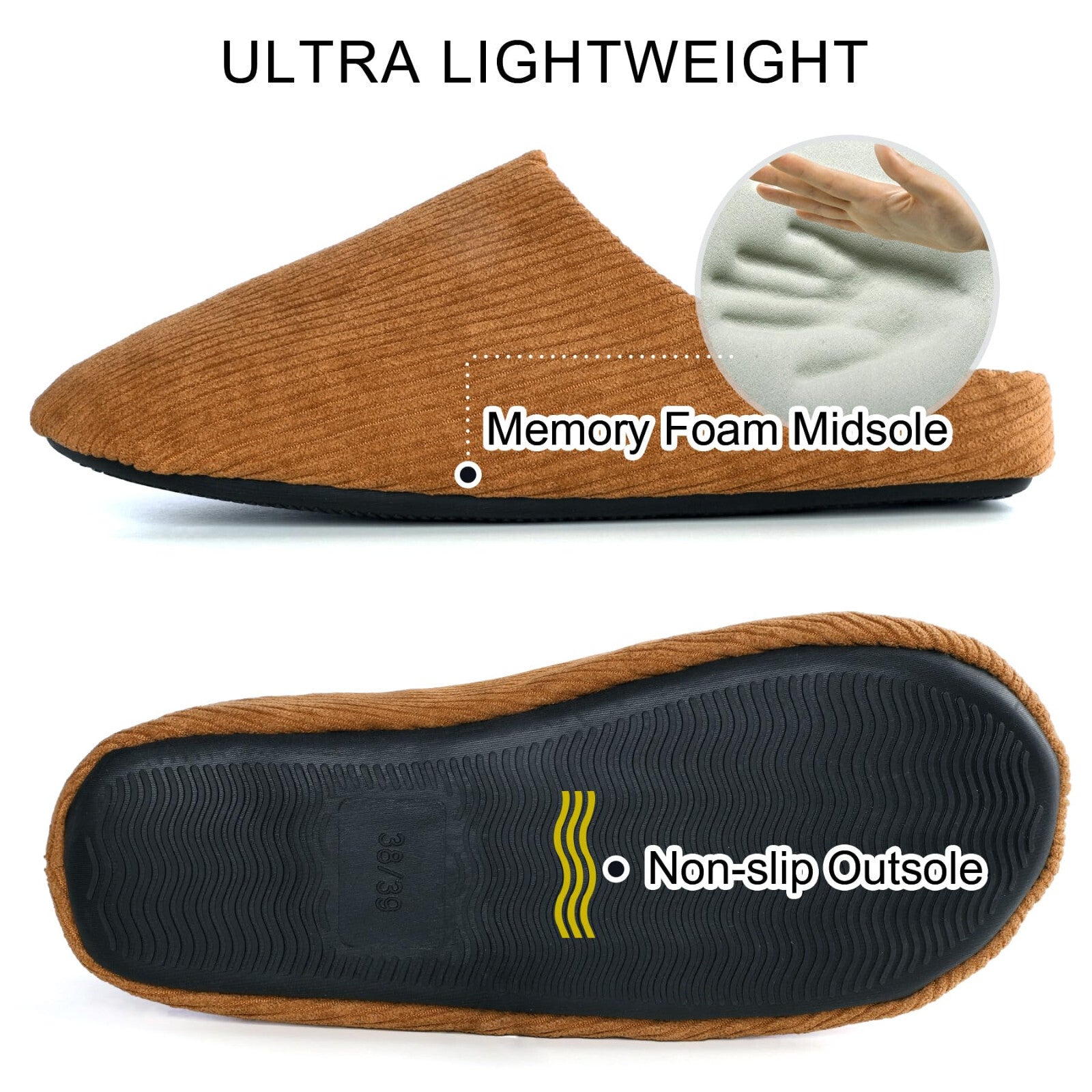 Women's Cozy Memory Foam Slippers Brown 5/6 UK 38/39 EU Lightweight Anti-Slip
