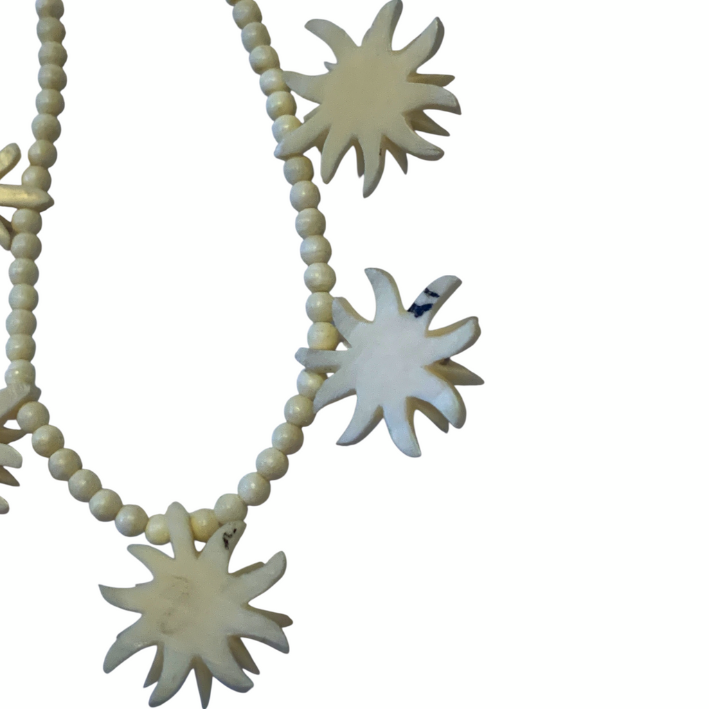 1950s Edelweiss Flower Necklace Hand Carved Bone Beads Alpine Folk Art Austria