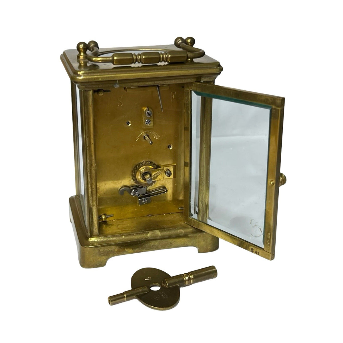 Vintage Brass Carriage Clock Platform Escapement Glass Sides Key Wind Up France