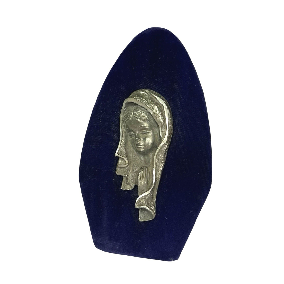 Vintage Italian Peltro Inciso Virgin Mary Pewter Religious Plaque Velvet Stand