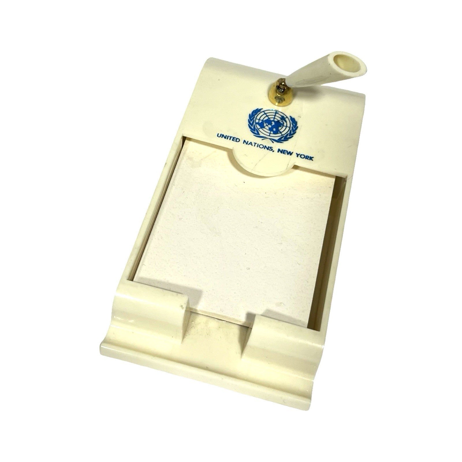 Vintage United Nations New York Desk Memo Pad Holder Pen Stand UN Souvenir
