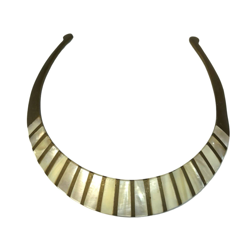 Vintage Mother of Pearl Inlaid Brass Torque Collar Necklace Statement Choker
