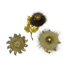 Vintage Set of 3 Mink Fur Brooches Pins Silver Gold Tone Pearl Starburst Flower
