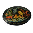 Vintage Hand Painted Russian Lacquer Brooch Signed Troika Horse Sleigh Winter