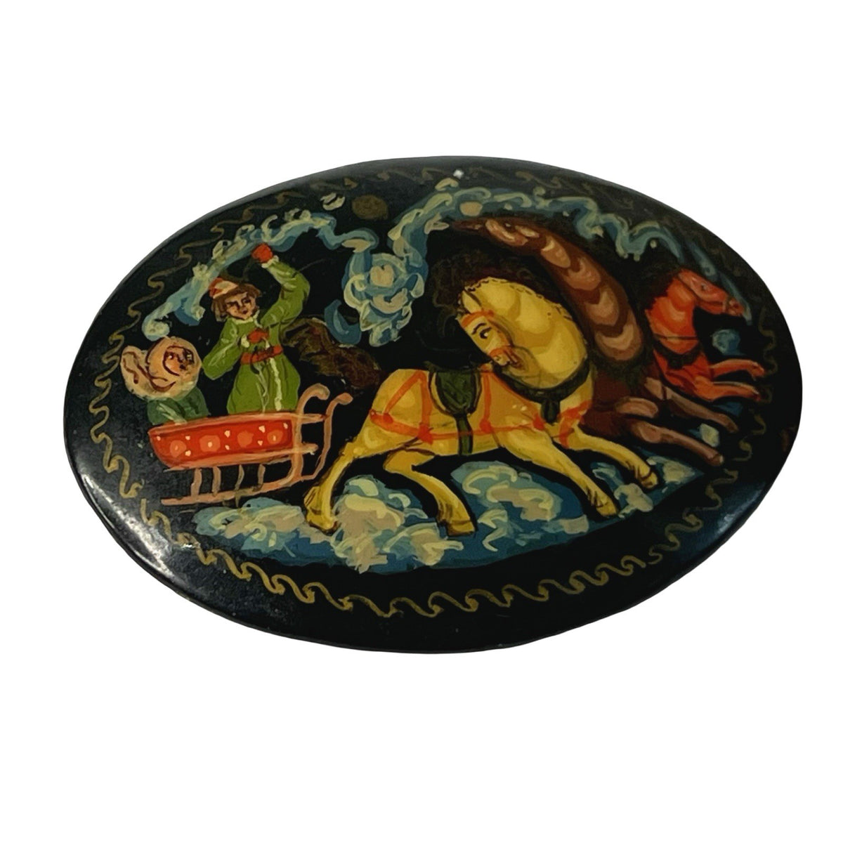 Vintage Hand Painted Russian Lacquer Brooch Signed Troika Horse Sleigh Winter