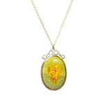 Real Silver Pendant Vintage Collectable Pressed Flowers Oval Necklace – Tone