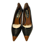 Romilly Jane Black Patent Perforated Court Shoes Tan Pointed Toe Heels Boxed
