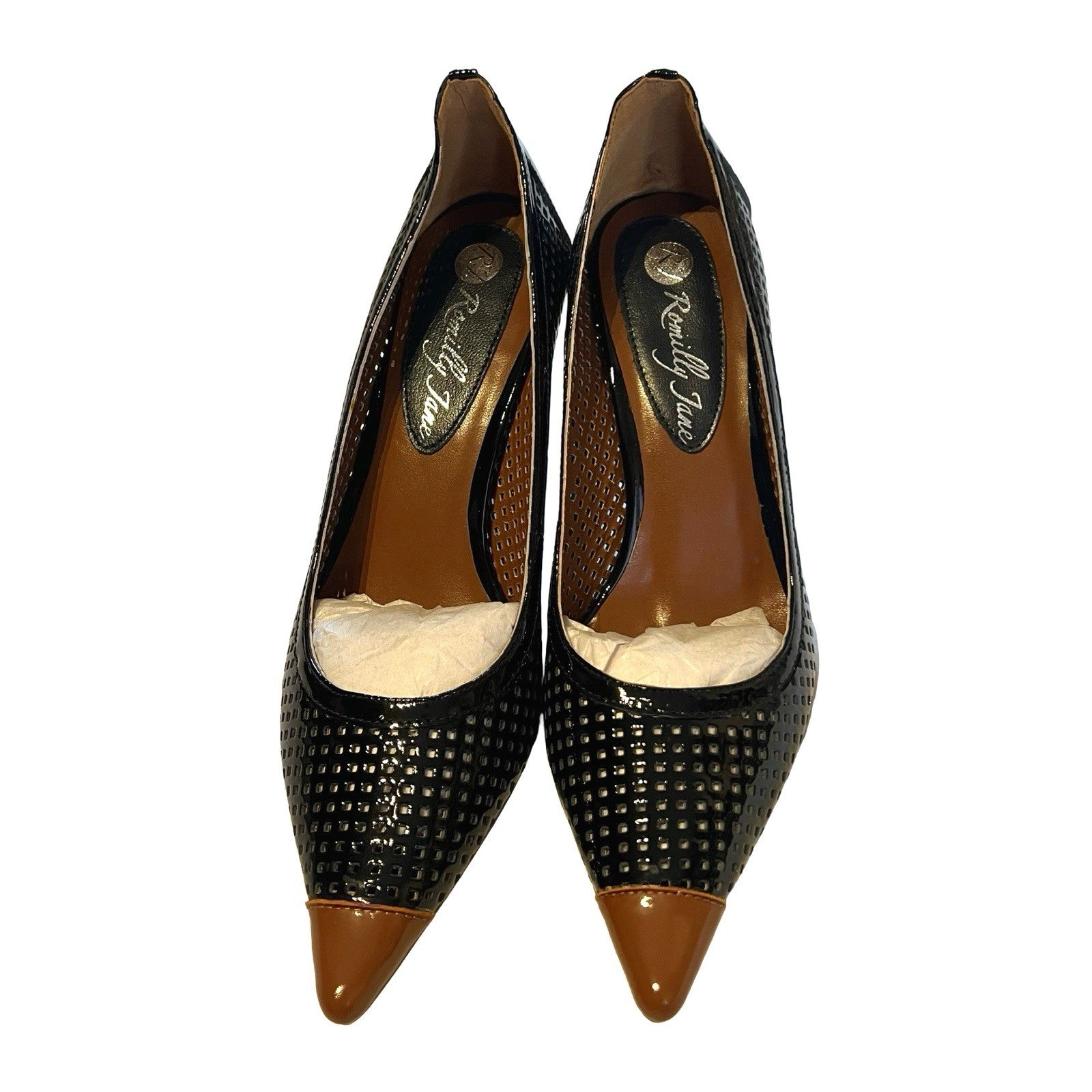 Romilly Jane Black Patent Perforated Court Shoes Tan Pointed Toe Heels Boxed