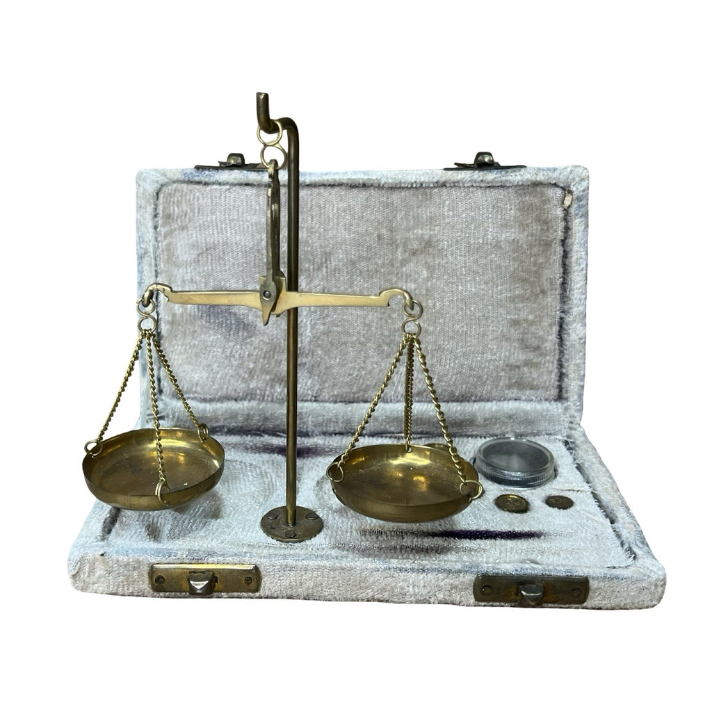 Vintage Jewellers Brass Balance Scales Weights Fitted Velvet Case