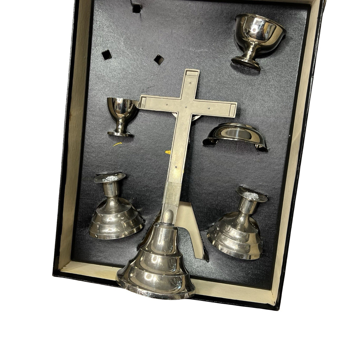 Vintage Catholic Last Rites Set Boxed Crucifix Candlesticks Chalices